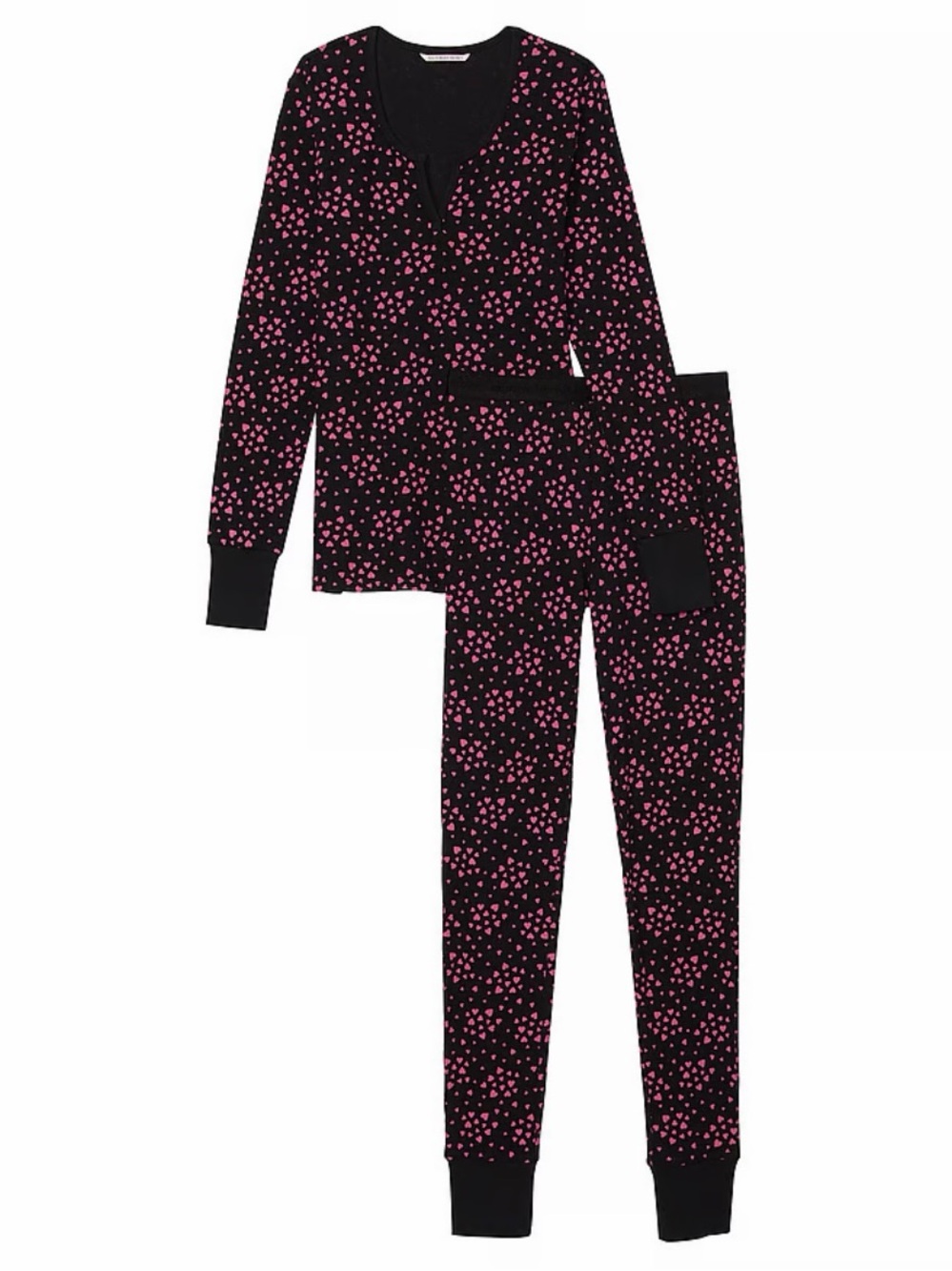 Victoria’s Secret Black and Pink Heart-Print Thermal Pajama Set